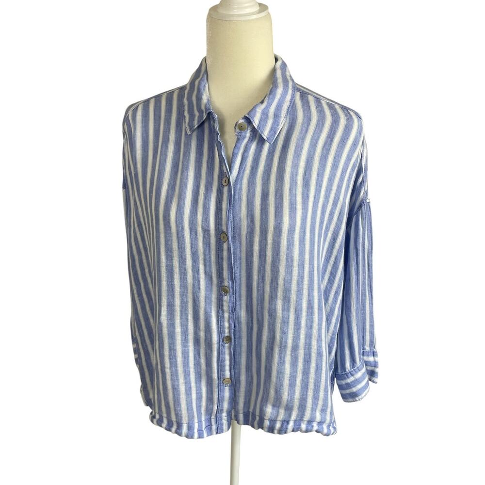 Sigrid Olsen 100% Linen Striped Button Front Blouse Sz Large Coastal Nautical - Picture 3 of 10
